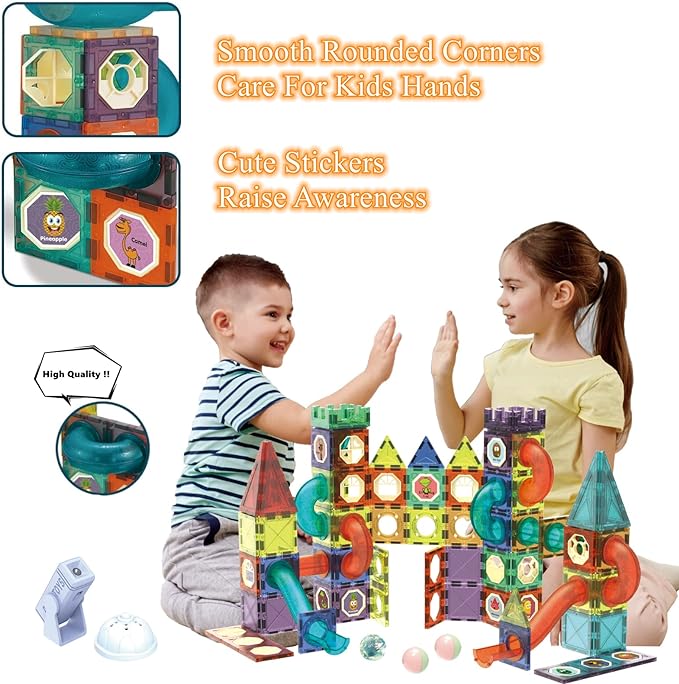 Child building a glowing marble run tower with magnetic tiles
LED marble run toy for 3+ years kids