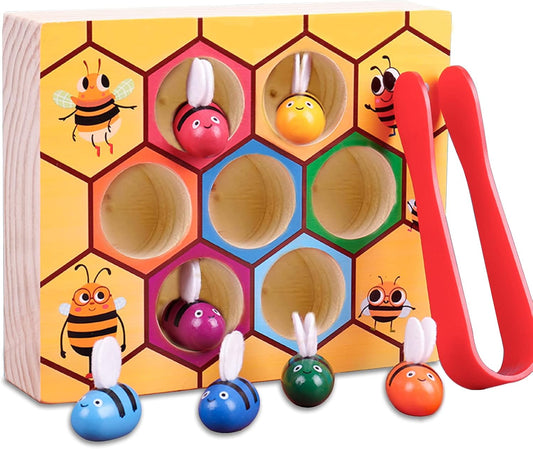 Bee and hive wooden color matching game set up