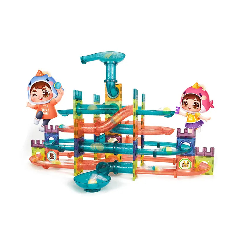 Child building a glowing marble run tower with magnetic tiles
LED marble run toy for 3+ years kids