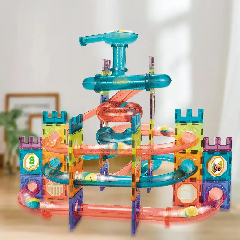 Completed marble run tower on wooden floor