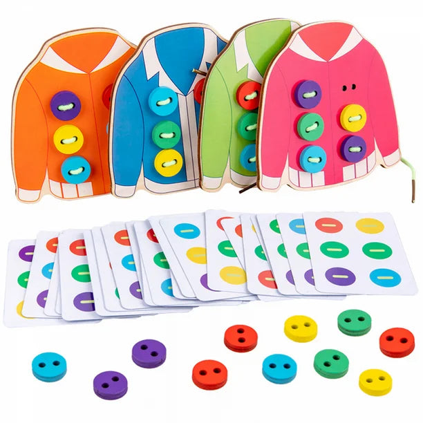 A set of colorful educational toys including a blue and green button-threading toy and a set of multicolored flash cards with buttons.