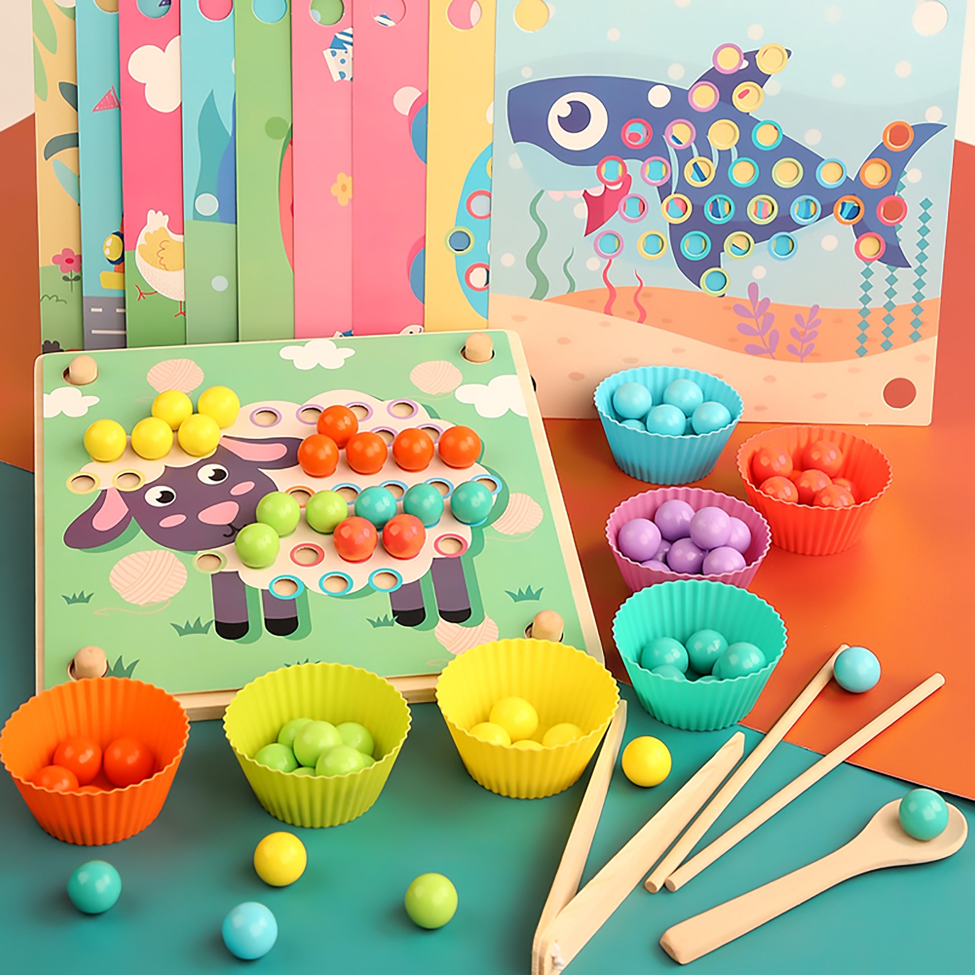 Colorful clip bead counting game with wooden cards