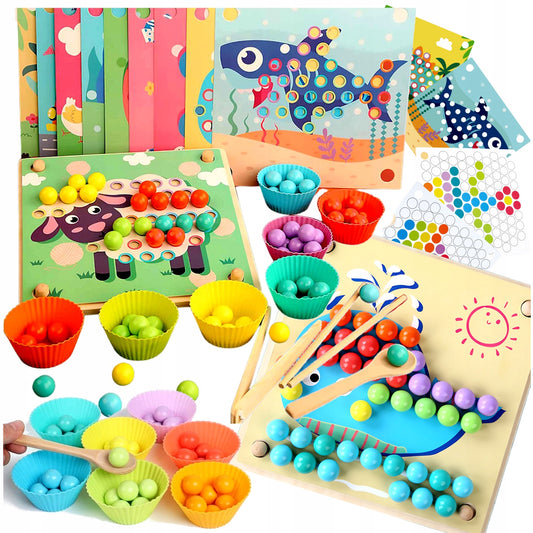 A set of colorful wooden clip beads game board toys, including a board, beads, chopsticks, spoon, and clip, designed for early learning and development of hand-eye coordination.