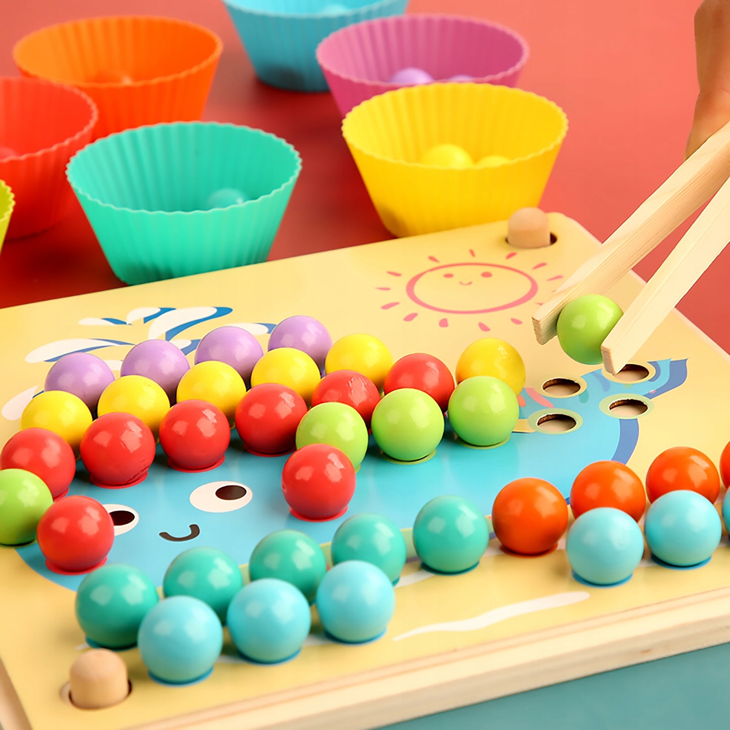 Colorful clip bead counting game with wooden cards
