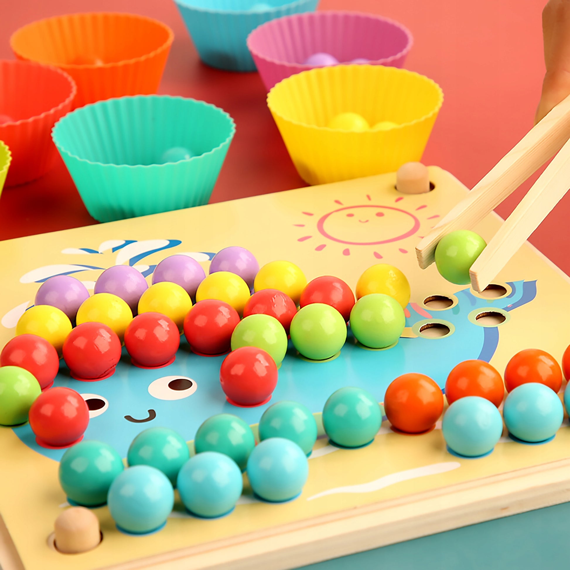 Colorful clip bead counting game with wooden cards