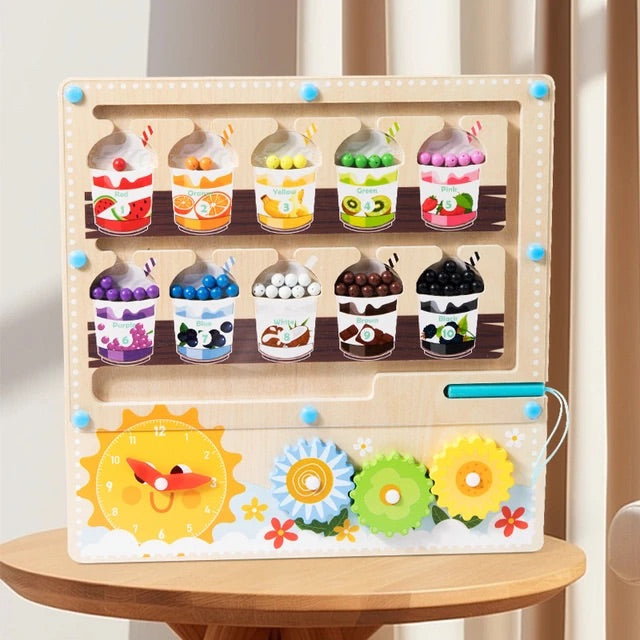 Magnetic Maze -Wooden Activity Board with Color Sorting, Counting and Clock