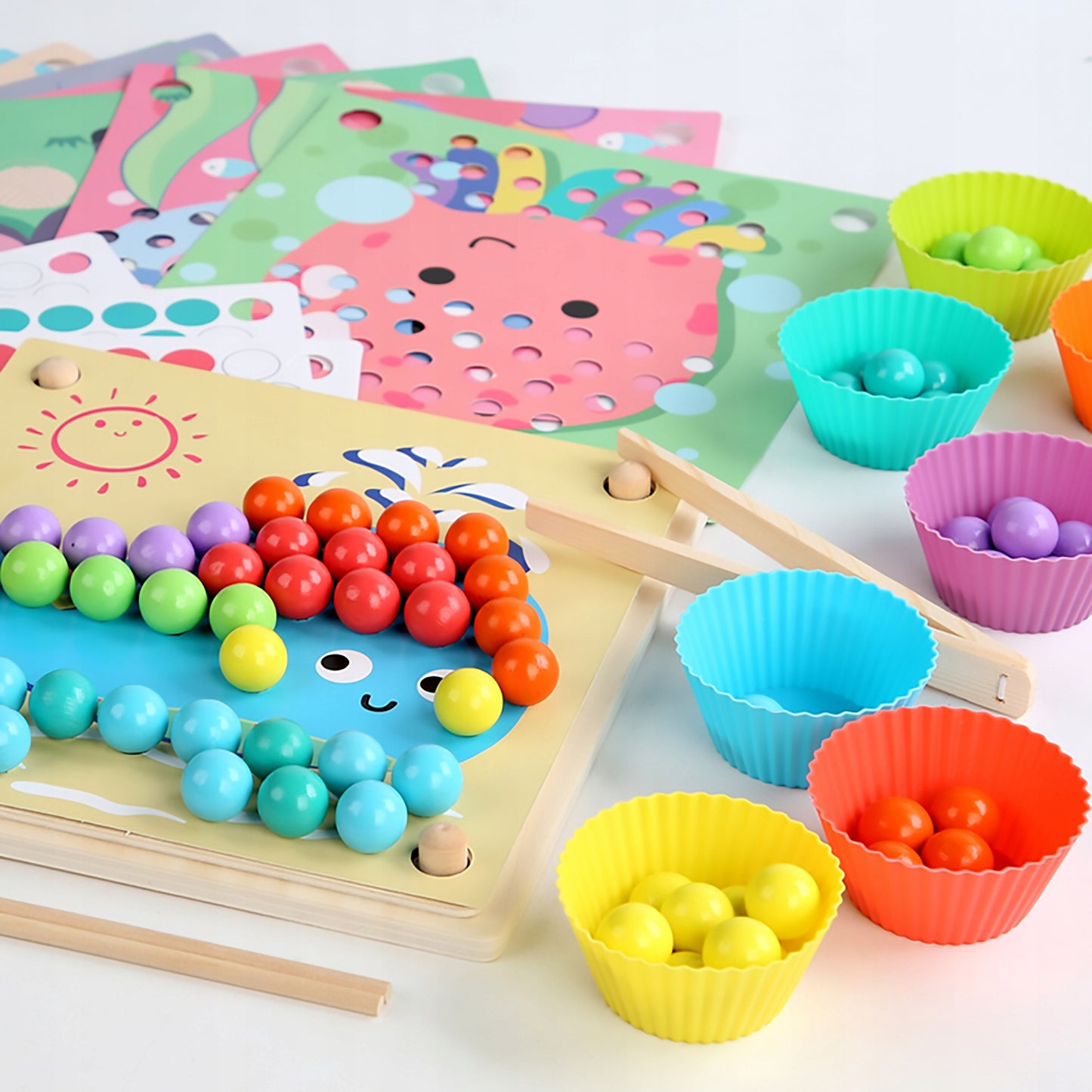 Colorful clip bead counting game with wooden cards